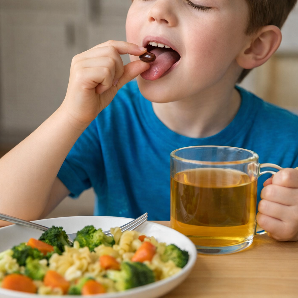 Child taking an OregaWell softgel with tea at mealtime.